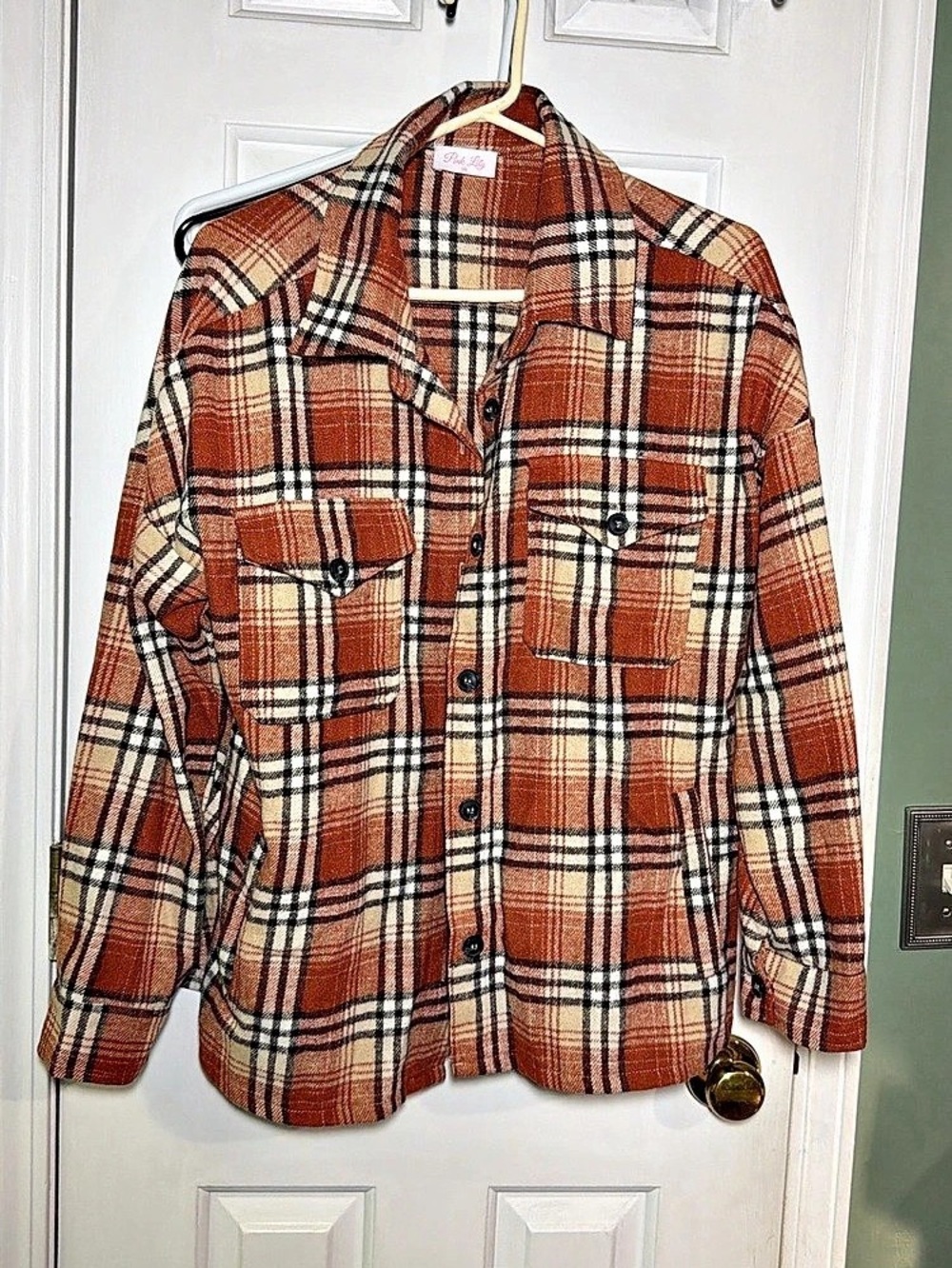 Pink Lily Made Me Realize Copper Plaid Flannel Brown & White